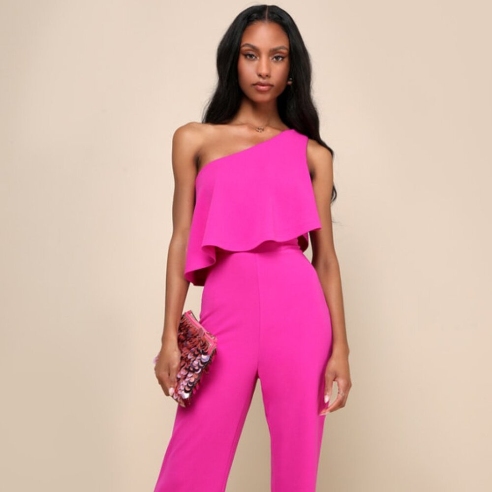 Lulu's Hot Pink One-Shoulder Ruffle Jumpsuit